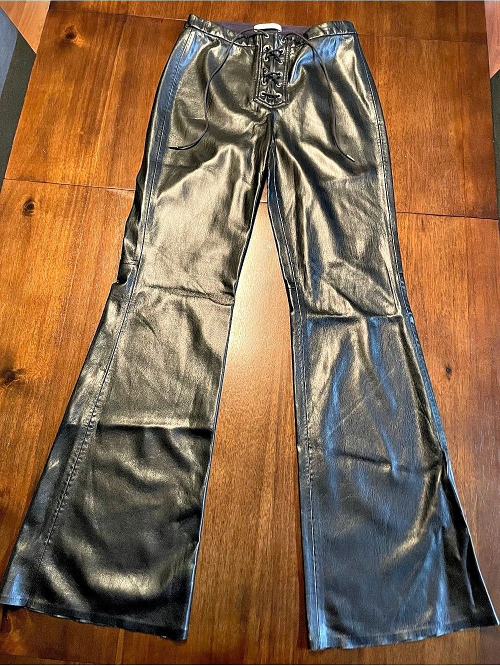 Alice+Olivia Women’s Vegan Black Leather Pants Cross Tie Front High Shine